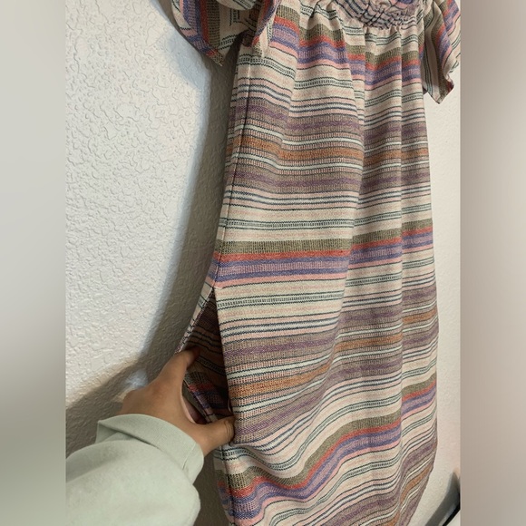 Philosophy Women Sz Small Boho Dress Ivory Colorful Stripe Cotton Off Shoulder - Picture 4 of 10